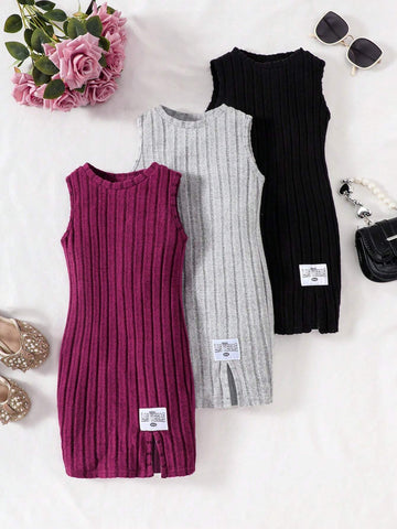 Young Girl Knitted Solid Color Round Neck Sleeveless Dress With Letter Patchwork And Side Slits, 3pcs/Set