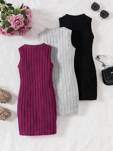 Young Girl Knitted Solid Color Round Neck Sleeveless Dress With Letter Patchwork And Side Slits, 3pcs/Set