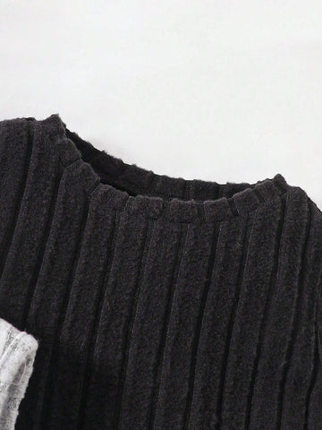 Young Girl Knitted Solid Color Round Neck Sleeveless Dress With Letter Patchwork And Side Slits, 3pcs/Set