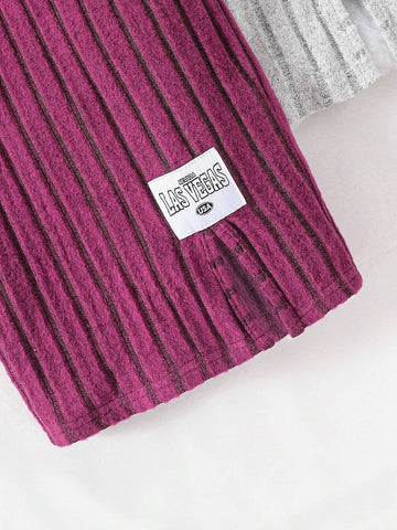 Young Girl Knitted Solid Color Round Neck Sleeveless Dress With Letter Patchwork And Side Slits, 3pcs/Set