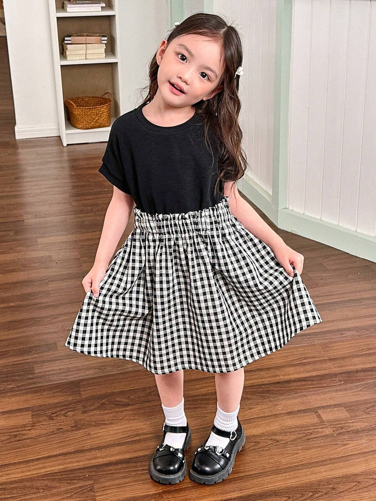 Young Girl Knitted Solid Color Round Neck Stitching Woven Plaid & Waist-Trimming Dress