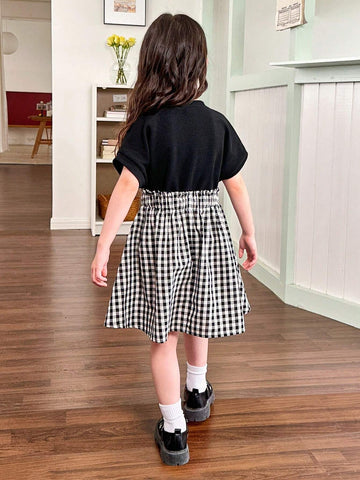 Young Girl Knitted Solid Color Round Neck Stitching Woven Plaid & Waist-Trimming Dress