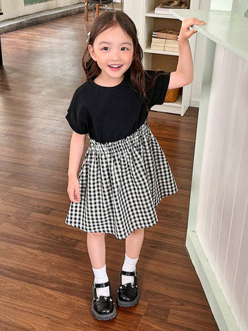 Young Girl Knitted Solid Color Round Neck Stitching Woven Plaid & Waist-Trimming Dress