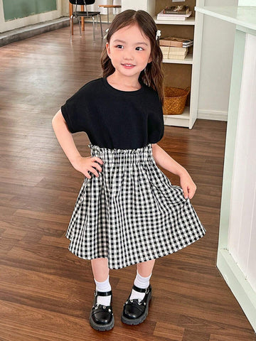 Young Girl Knitted Solid Color Round Neck Stitching Woven Plaid & Waist-Trimming Dress