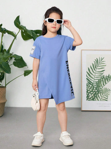 Young Girl Knitted Solid Color Round Neck Sweater Dress With Letter Patchwork And Irregular Hem Design