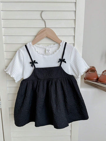 Young Girl Knitted Solid Color Small Stand Collar Top And Woven Casual Camisole Shirt, 2pcs/Set