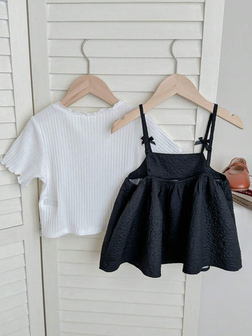 Young Girl Knitted Solid Color Small Stand Collar Top And Woven Casual Camisole Shirt, 2pcs/Set