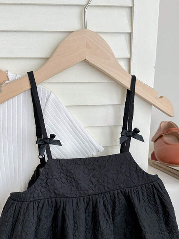 Young Girl Knitted Solid Color Small Stand Collar Top And Woven Casual Camisole Shirt, 2pcs/Set