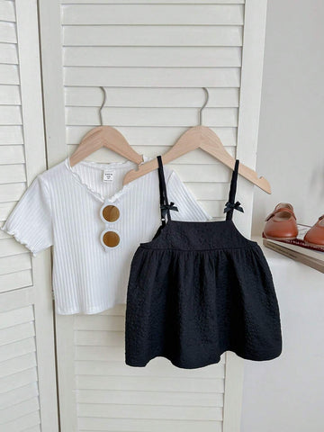 Young Girl Knitted Solid Color Small Stand Collar Top And Woven Casual Camisole Shirt, 2pcs/Set