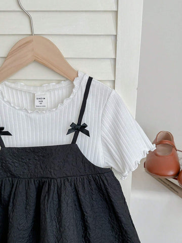 Young Girl Knitted Solid Color Small Stand Collar Top And Woven Casual Camisole Shirt, 2pcs/Set