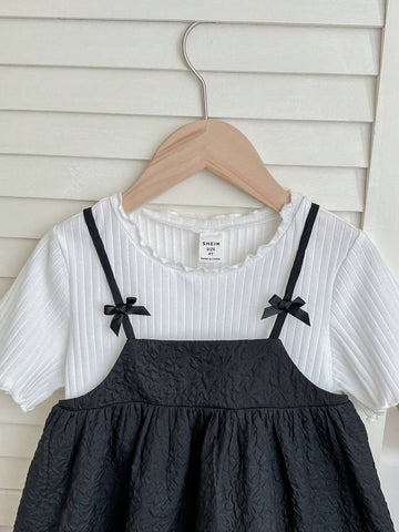 Young Girl Knitted Solid Color Small Stand Collar Top And Woven Casual Camisole Shirt, 2pcs/Set