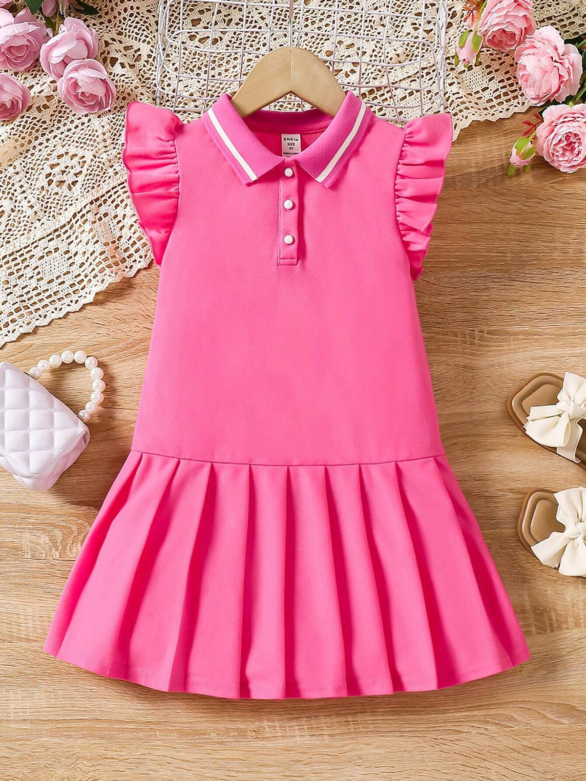 Young Girl Knitted Solid Color Sweet And Lovely Short Flare Sleeve Pleated Polo Dress Casual