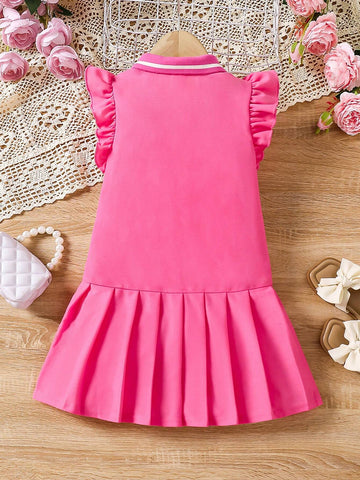 Young Girl Knitted Solid Color Sweet And Lovely Short Flare Sleeve Pleated Polo Dress Casual