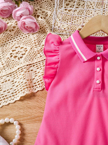 Young Girl Knitted Solid Color Sweet And Lovely Short Flare Sleeve Pleated Polo Dress Casual
