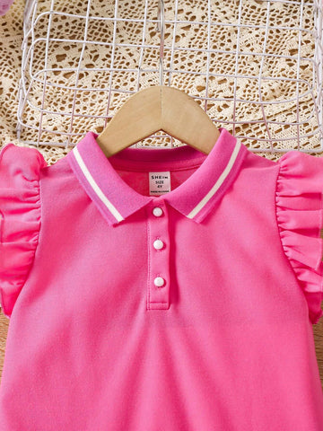 Young Girl Knitted Solid Color Sweet And Lovely Short Flare Sleeve Pleated Polo Dress Casual