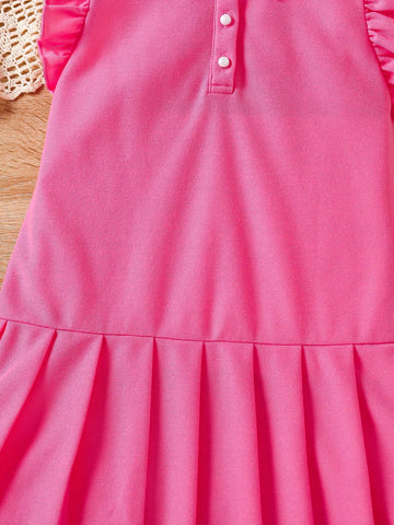 Young Girl Knitted Solid Color Sweet And Lovely Short Flare Sleeve Pleated Polo Dress Casual