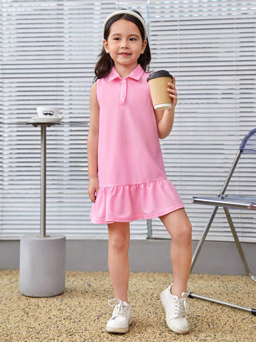 Young Girl Knitted Solid Color Turn-Down Collar Bodycon Casual Polo Dress