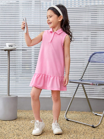 Young Girl Knitted Solid Color Turn-Down Collar Bodycon Casual Polo Dress