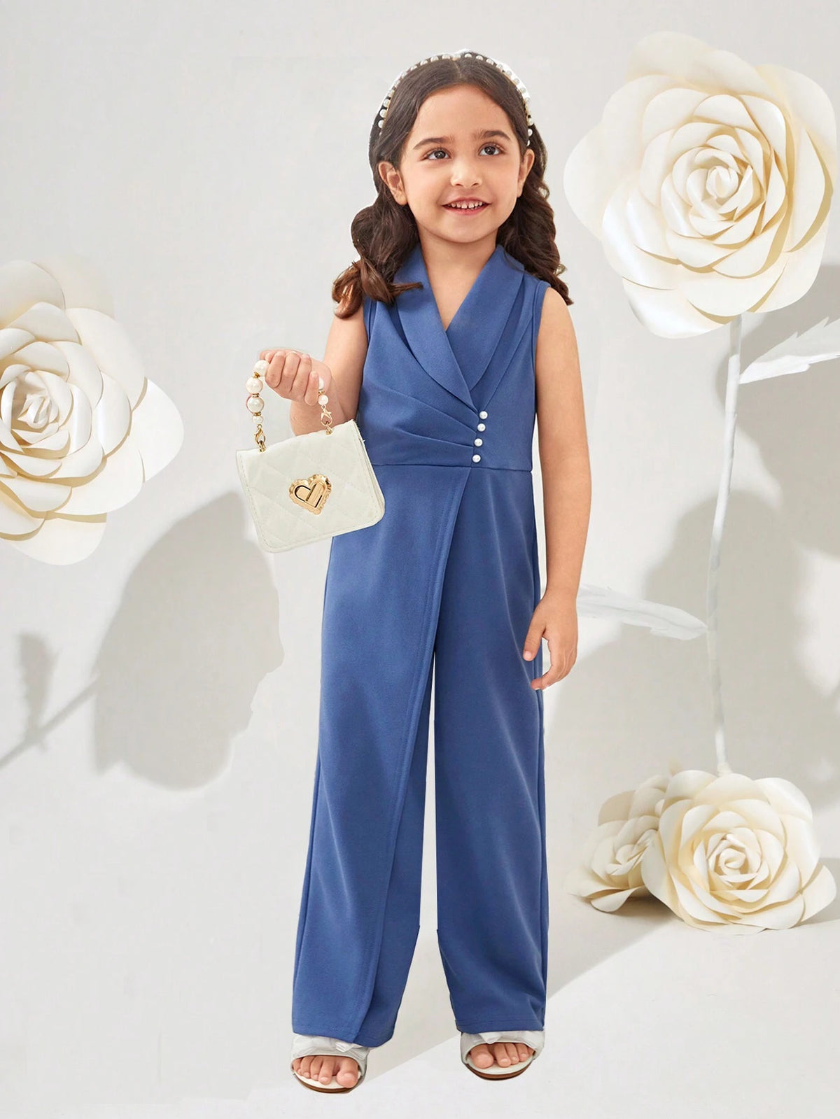 Young Girl Knitted Solid Color Turn-Down Collar Sleeveless Jumpsuit, Slim Fit Casual Pants