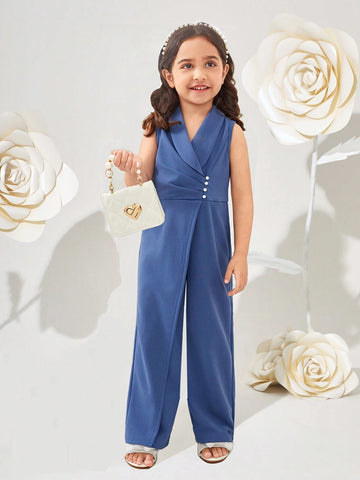 Young Girl Knitted Solid Color Turn-Down Collar Sleeveless Jumpsuit, Slim Fit Casual Pants