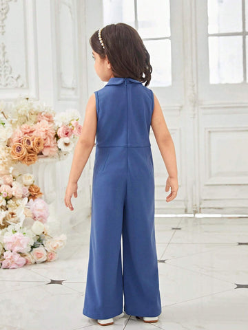 Young Girl Knitted Solid Color Turn-Down Collar Sleeveless Jumpsuit, Slim Fit Casual Pants