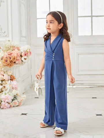 Young Girl Knitted Solid Color Turn-Down Collar Sleeveless Jumpsuit, Slim Fit Casual Pants