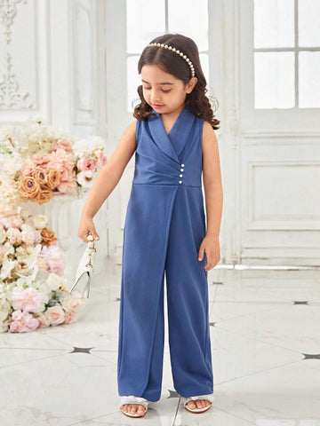 Young Girl Knitted Solid Color Turn-Down Collar Sleeveless Jumpsuit, Slim Fit Casual Pants