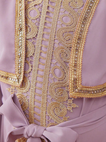 Young Girl Knitted Solid Color V-Neck Embroidered Ribbon False Two-Piece Dress