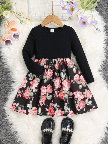 Young Girl Knitted Solid Color & Ditsy Floral Patchwork Round Neck Fitted Casual Dress