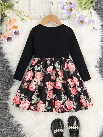 Young Girl Knitted Solid Color & Ditsy Floral Patchwork Round Neck Fitted Casual Dress