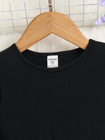 Young Girl Knitted Solid Color & Ditsy Floral Patchwork Round Neck Fitted Casual Dress