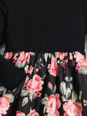 Young Girl Knitted Solid Color & Ditsy Floral Patchwork Round Neck Fitted Casual Dress