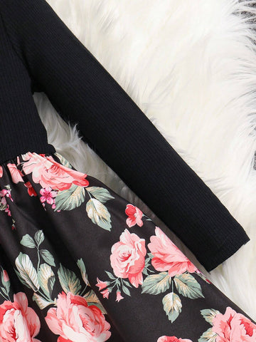 Young Girl Knitted Solid Color & Ditsy Floral Patchwork Round Neck Fitted Casual Dress
