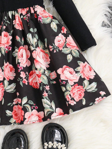 Young Girl Knitted Solid Color & Ditsy Floral Patchwork Round Neck Fitted Casual Dress