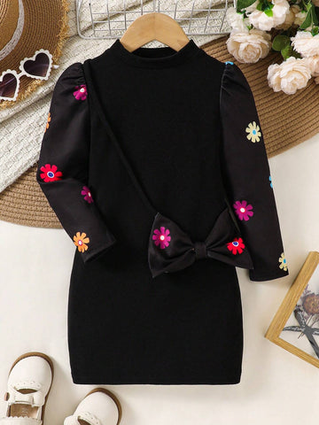 Young Girl Knitted Solid Coloured Stand Collar Patchwork Floral Gigot Sleeve Bodycon Dress With Sling Bag