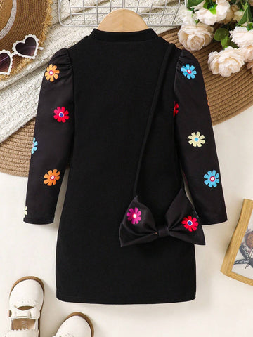 Young Girl Knitted Solid Coloured Stand Collar Patchwork Floral Gigot Sleeve Bodycon Dress With Sling Bag