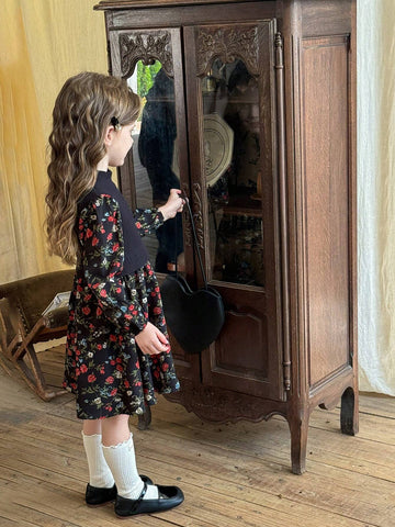 Young Girl Knitted Solid Mock Neck Patchwork Chiffon Floral Puff Sleeve Dress