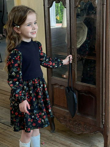 Young Girl Knitted Solid Mock Neck Patchwork Chiffon Floral Puff Sleeve Dress
