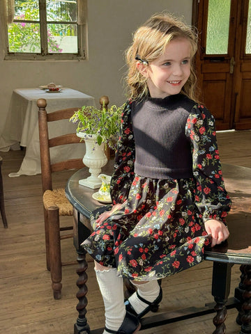 Young Girl Knitted Solid Mock Neck Patchwork Chiffon Floral Puff Sleeve Dress
