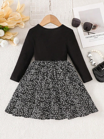 Young Girl Knitted Solid Round Neck Patchwork Floral Fitted Casual Dress