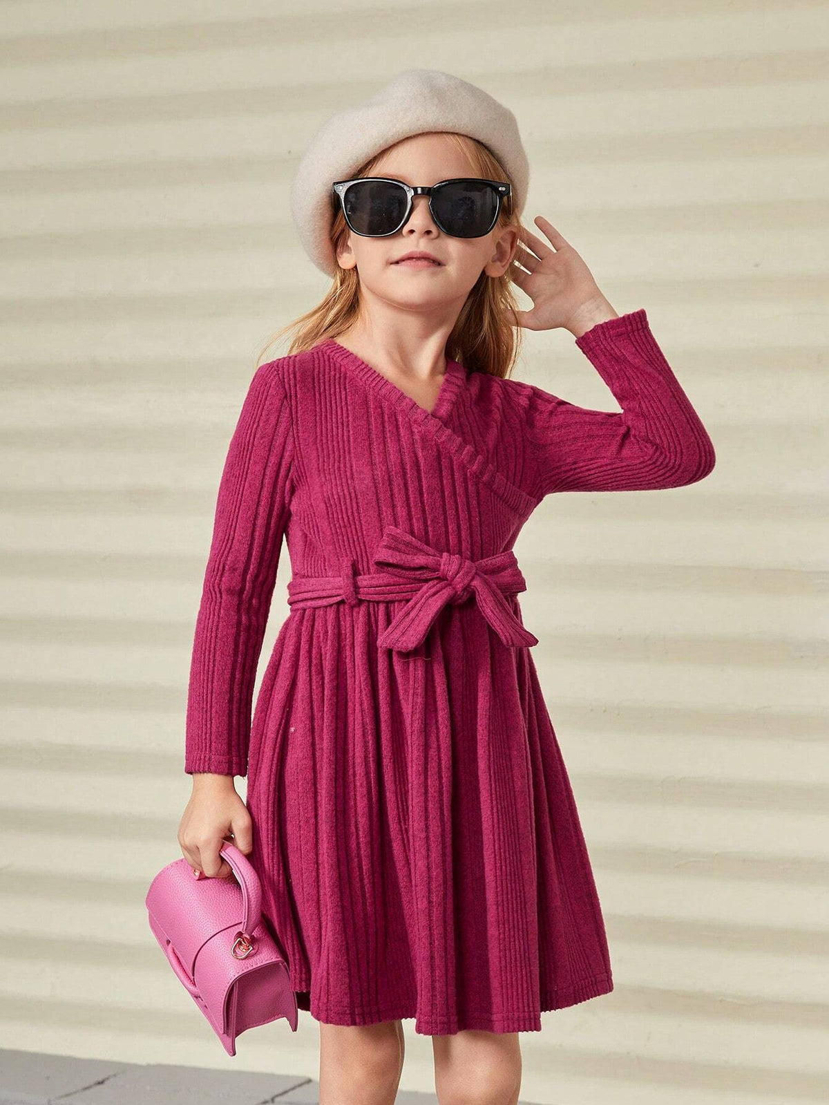 Young Girl Knitted Solid V-Neck Slim Casual Dress