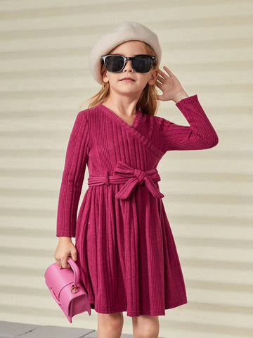 Young Girl Knitted Solid V-Neck Slim Casual Dress