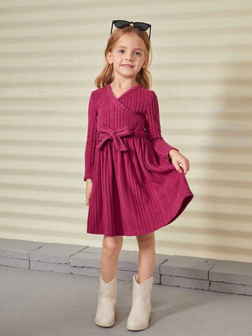 Young Girl Knitted Solid V-Neck Slim Casual Dress