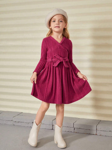 Young Girl Knitted Solid V-Neck Slim Casual Dress