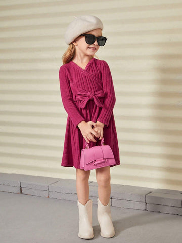 Young Girl Knitted Solid V-Neck Slim Casual Dress
