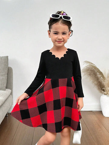 Young Girl Knitted Splice Red Plaid Crew Neck Fitted Belted Long Sleeve Dress