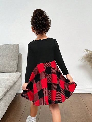 Young Girl Knitted Splice Red Plaid Crew Neck Fitted Belted Long Sleeve Dress