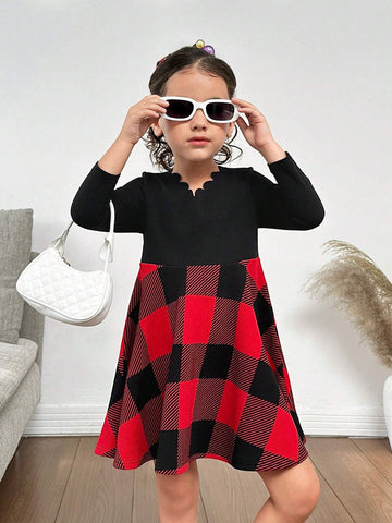 Young Girl Knitted Splice Red Plaid Crew Neck Fitted Belted Long Sleeve Dress