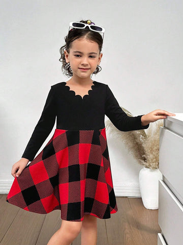 Young Girl Knitted Splice Red Plaid Crew Neck Fitted Belted Long Sleeve Dress