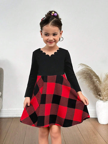 Young Girl Knitted Splice Red Plaid Crew Neck Fitted Belted Long Sleeve Dress